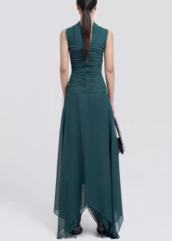 Shoulder Green Dresses Cotton Maxi Cold Dark Wrinkled Fit Slim