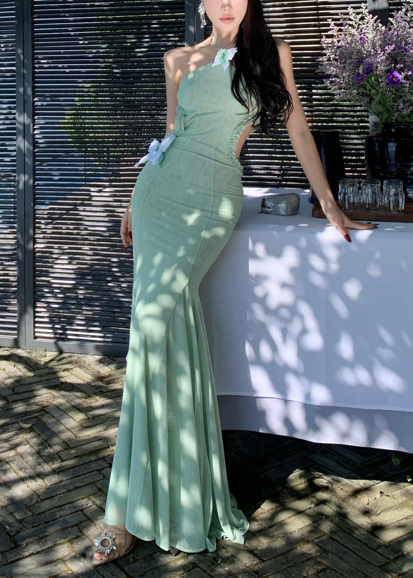 Slim Tulle Summer Hollow Fit Fishtail Dresses Green Butterfly Out