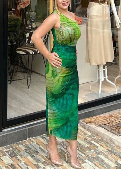 Slim Cotton Fit Dress Cold Sleeveless Green Long Shoulder Print