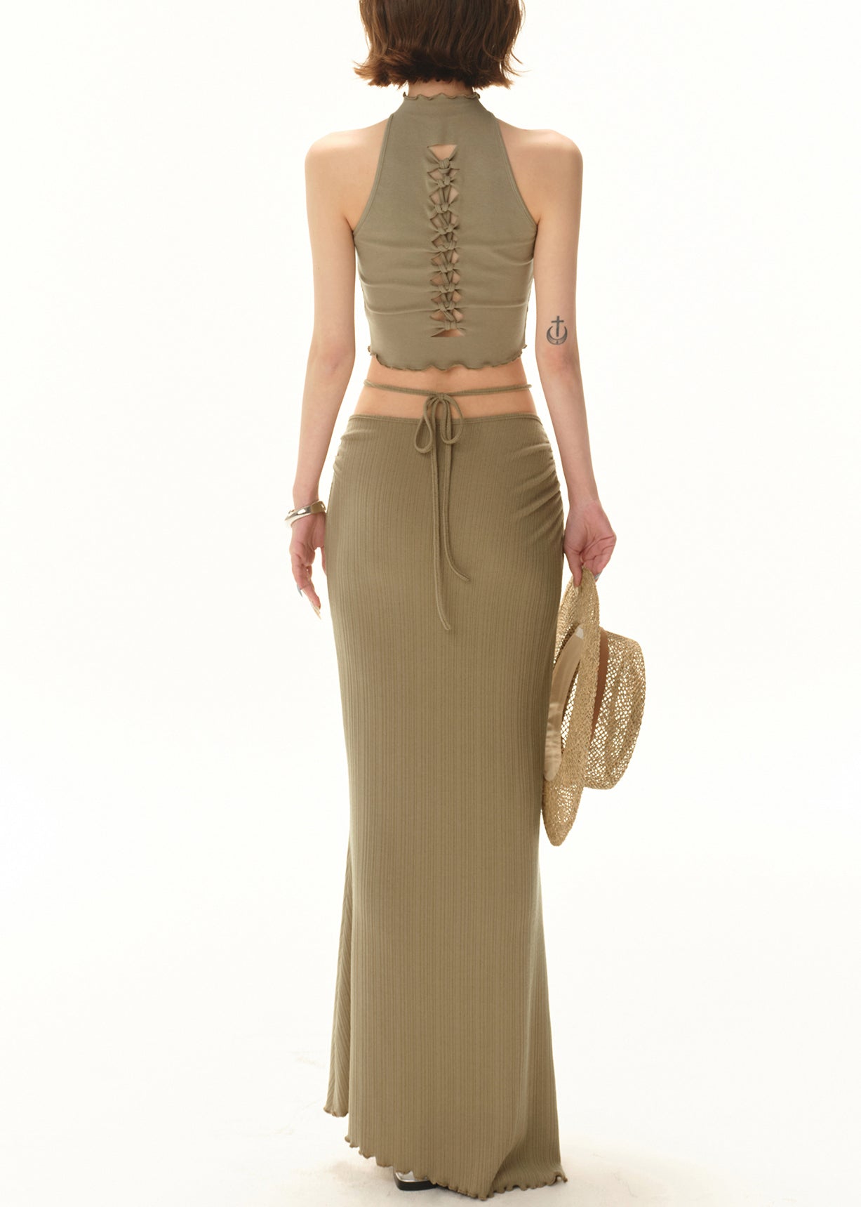 Fit Knit Up Green Sleeveless Two Hollow Out Lace Slim Set Pieces