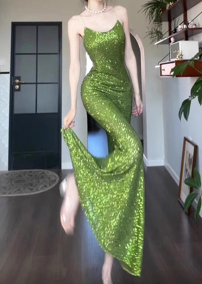 Spaghetti Sleeveless Green Fit Slim Solid Dress Strap Sequins