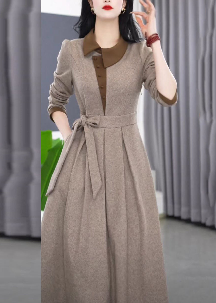 Slim Fit Grey Asymmetrical Tie Waist Maxi Dress Winter RF034