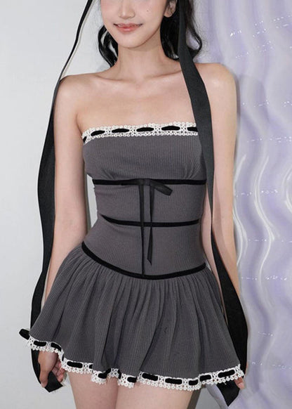 Cotton Fit Sleeveless Shoulder Slim Mini Grey Bow Cold Dress