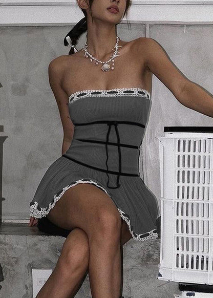 Cotton Fit Sleeveless Shoulder Slim Mini Grey Bow Cold Dress