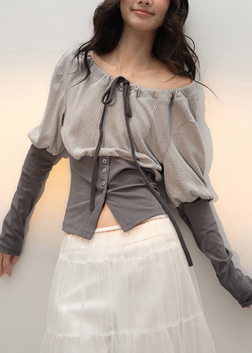 Fall Up Slim Patchwork T Lace Grey Cotton Shirts Fit