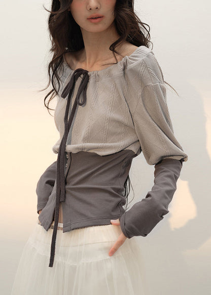 Fall Up Slim Patchwork T Lace Grey Cotton Shirts Fit