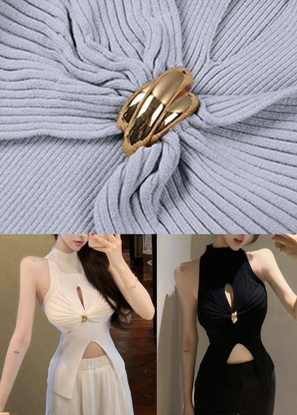 Sleeveless Grey Slim Out Tank Fit Turtleneck Knit Hollow