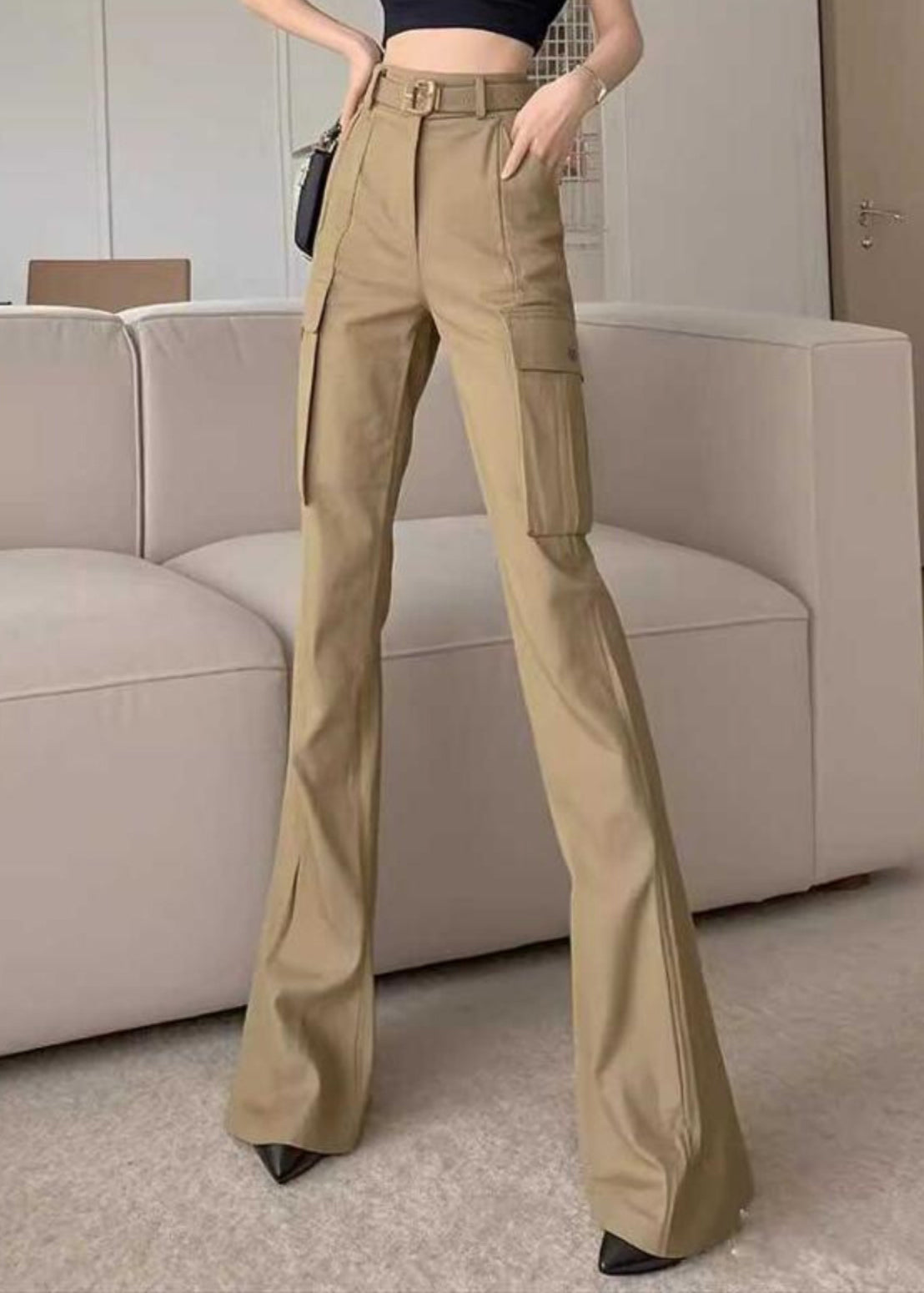 Cotton Waist High Slim Pockets Khaki Bottoms Flare Spring Fit