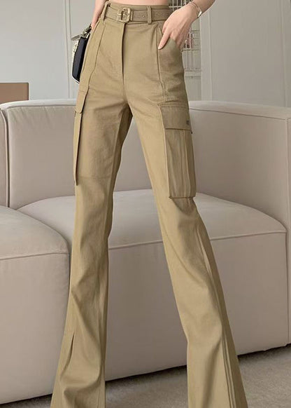 Cotton Waist High Slim Pockets Khaki Bottoms Flare Spring Fit