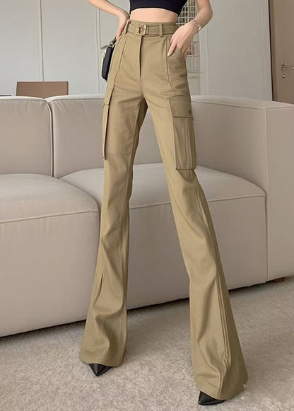 Cotton Waist High Slim Pockets Khaki Bottoms Flare Spring Fit