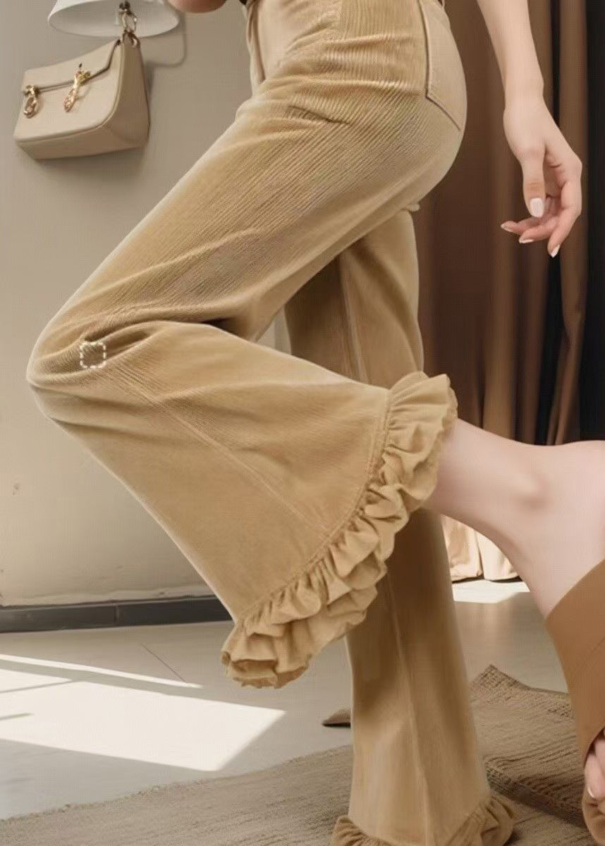 Flared Fall Trousers Corduroy Waist Fit Ruffled High Slim Khaki