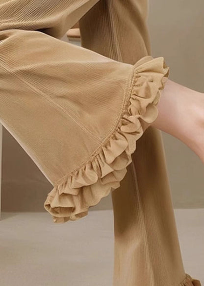 Flared Fall Trousers Corduroy Waist Fit Ruffled High Slim Khaki