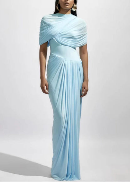 Wrinkled Light Cotton Fit Solid Slim Waist Blue High Dresses Maxi