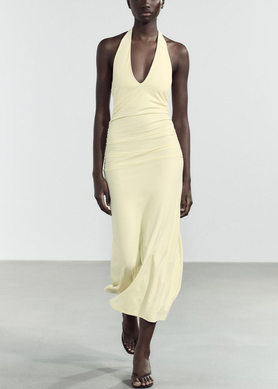 Yellow Cotton Light Slim Neck Backless V Dress Fit Long