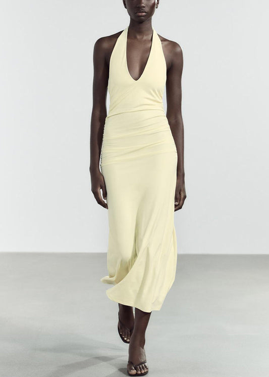 Yellow Cotton Light Slim Neck Backless V Dress Fit Long