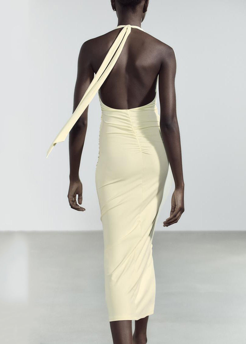 Yellow Cotton Light Slim Neck Backless V Dress Fit Long