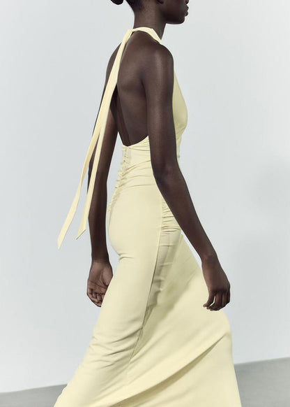 Yellow Cotton Light Slim Neck Backless V Dress Fit Long