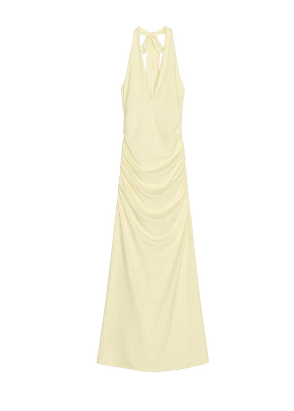 Yellow Cotton Light Slim Neck Backless V Dress Fit Long