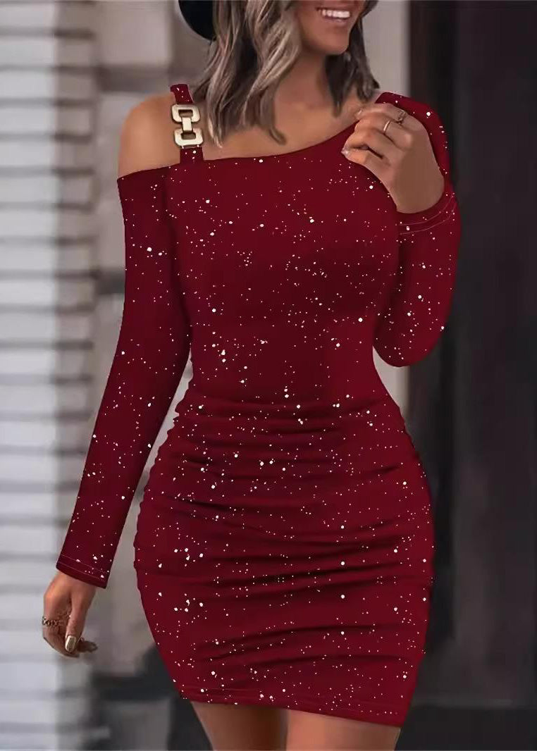 Slim Fall Mid Mulberry Fit Dresses Cold Sequins Shoulder