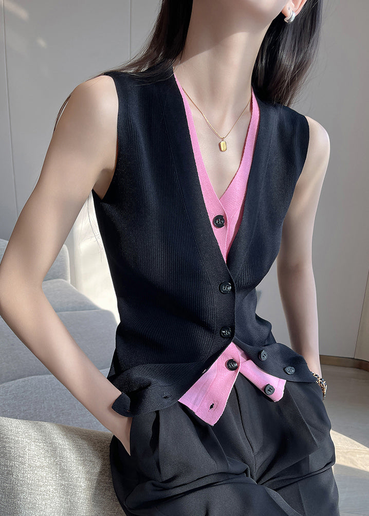 Fit V Knit Navy Button Sleeveless False Neck Vest Slim Pieces Two