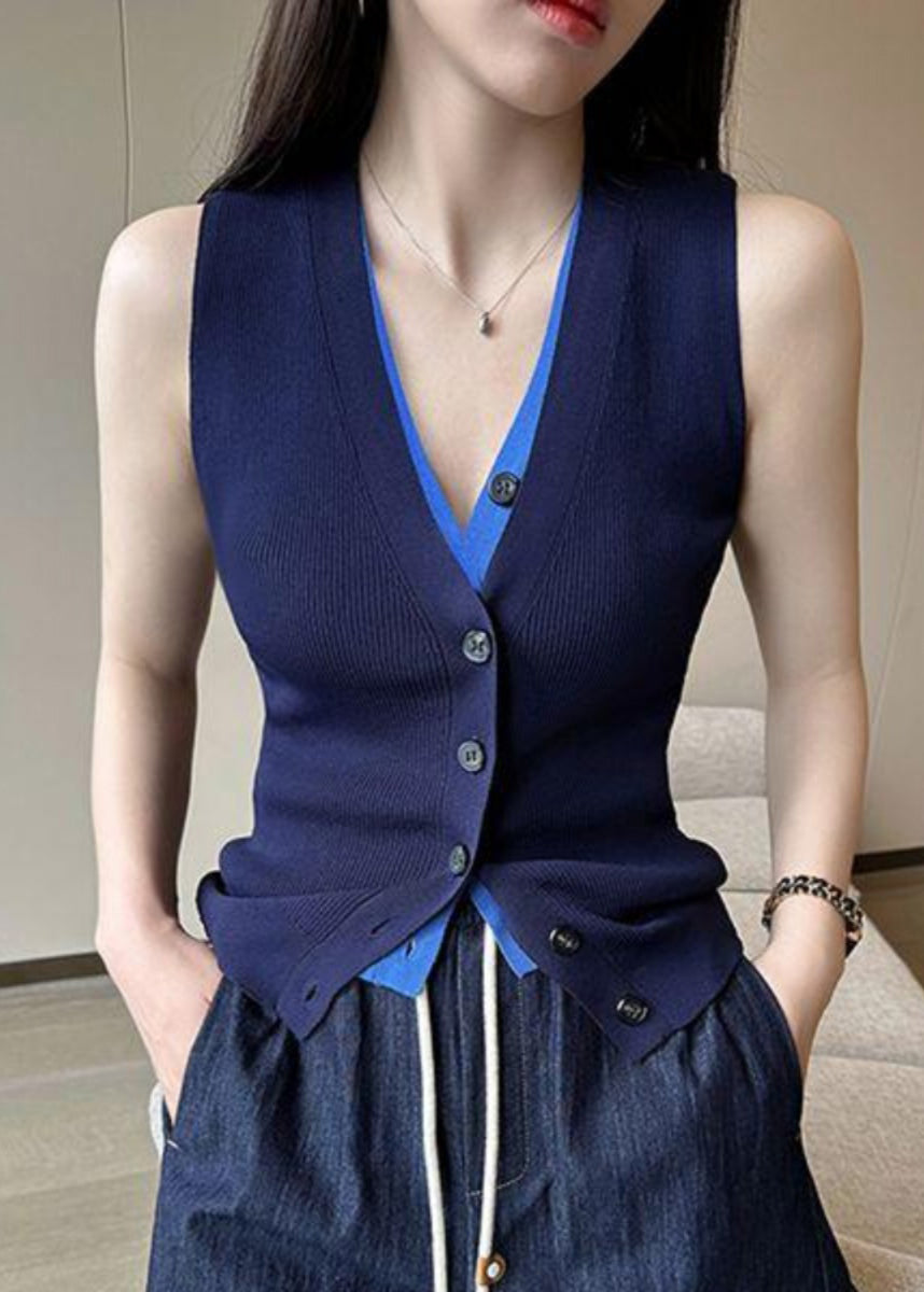 Fit V Knit Navy Button Sleeveless False Neck Vest Slim Pieces Two
