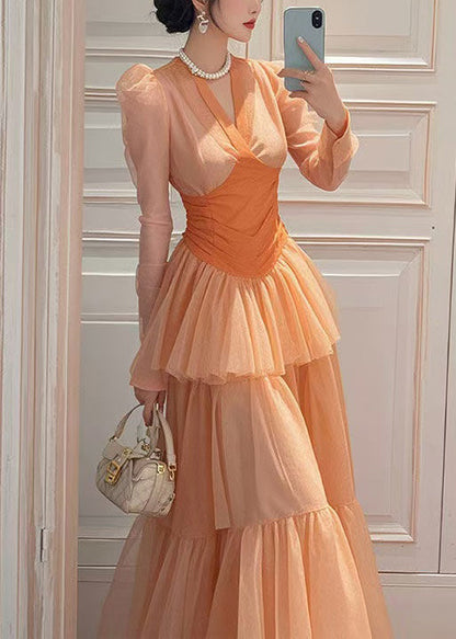 Chiffon Wrinkled Patchwork Fit Spring Slim Long Orange Dresses