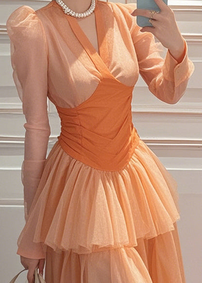 Chiffon Wrinkled Patchwork Fit Spring Slim Long Orange Dresses