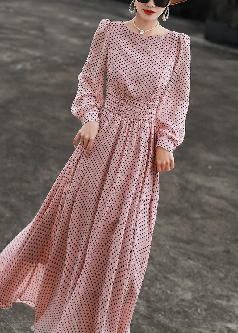 Slim Fit Pink Dot O Neck Chiffon Dresses Long Sleeve EE1019