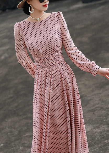 Slim Fit Pink Dot O Neck Chiffon Dresses Long Sleeve EE1019