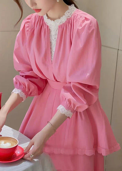 Fit Cotton Blouse Slim Fall Pink Patchwork Lace