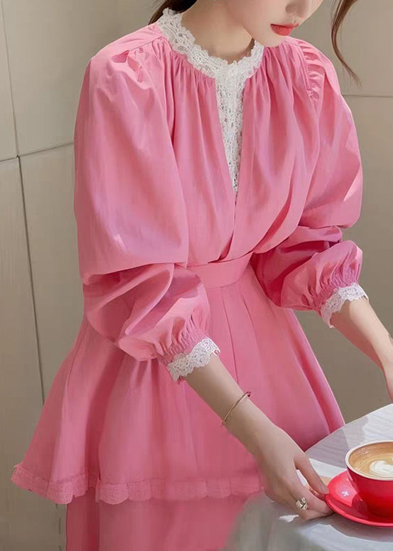 Fit Cotton Blouse Slim Fall Pink Patchwork Lace