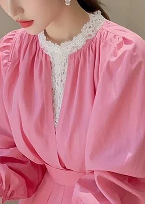 Fit Cotton Blouse Slim Fall Pink Patchwork Lace