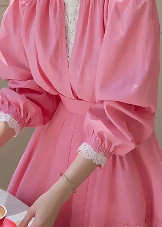 Fit Cotton Blouse Slim Fall Pink Patchwork Lace