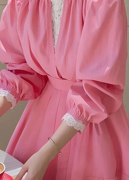 Fit Cotton Blouse Slim Fall Pink Patchwork Lace