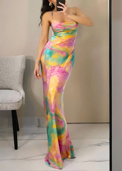 High Sleeveless Print Dress Waist Strap Slim Spaghetti Pink Fit