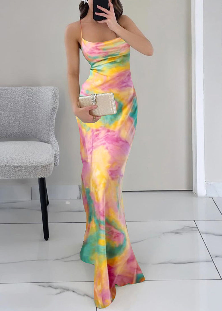 High Sleeveless Print Dress Waist Strap Slim Spaghetti Pink Fit