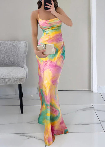 High Sleeveless Print Dress Waist Strap Slim Spaghetti Pink Fit