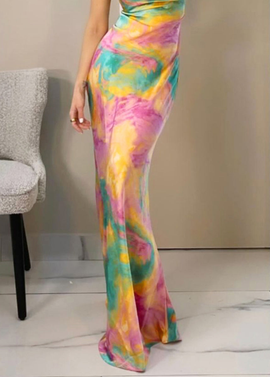 High Sleeveless Print Dress Waist Strap Slim Spaghetti Pink Fit