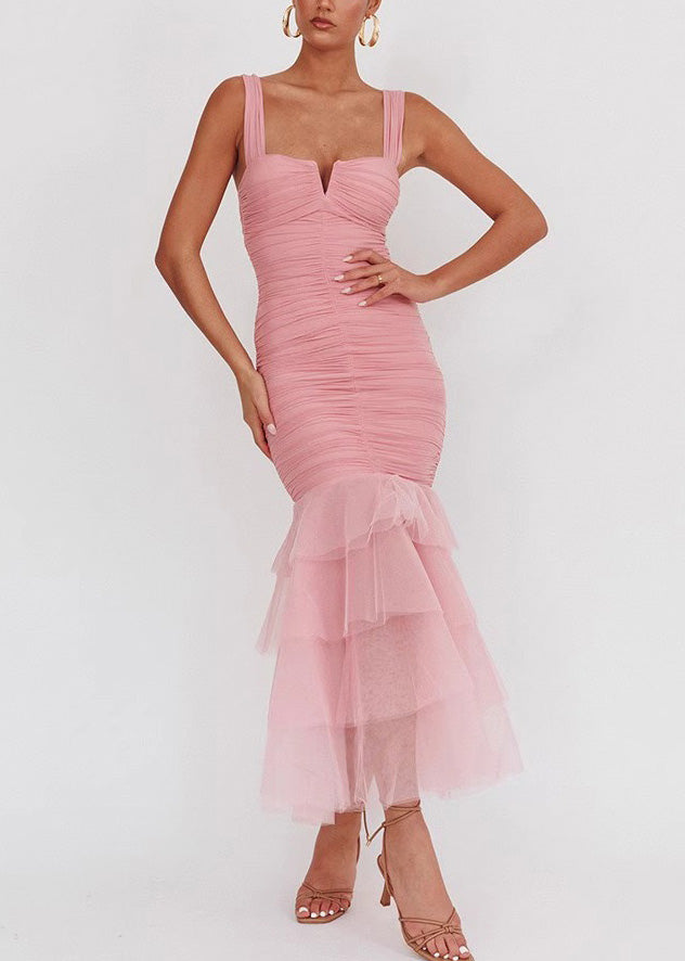 Tulle Sleeveless Wrinkled Long Patchwork Fit Slim Dress Pink