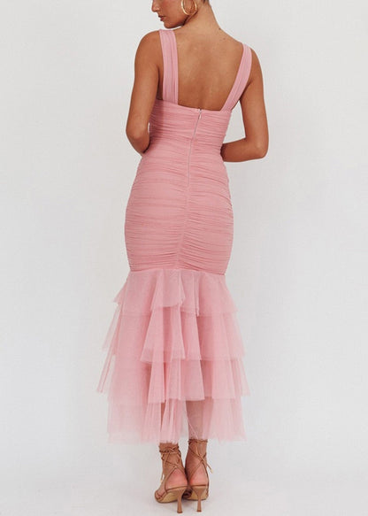 Tulle Sleeveless Wrinkled Long Patchwork Fit Slim Dress Pink