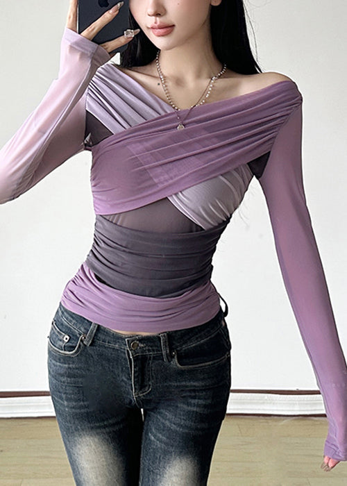 Asymmetrical Shirts Tulle T Patchwork Fit Slim Purple Spring