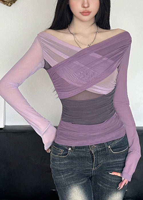 Asymmetrical Shirts Tulle T Patchwork Fit Slim Purple Spring