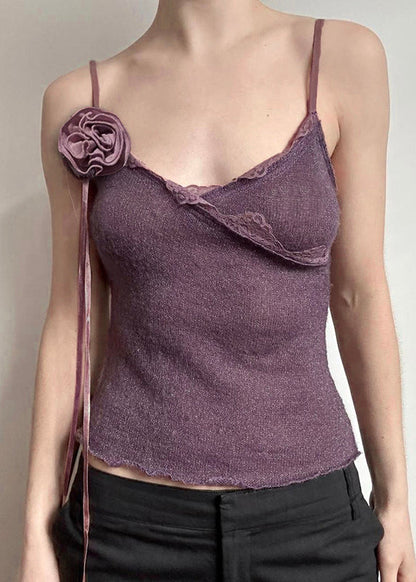 Slim Floral Purple Knitting Vest Cotton Spaghetti Lace Strap Fit