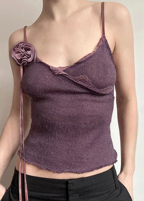 Slim Floral Purple Knitting Vest Cotton Spaghetti Lace Strap Fit