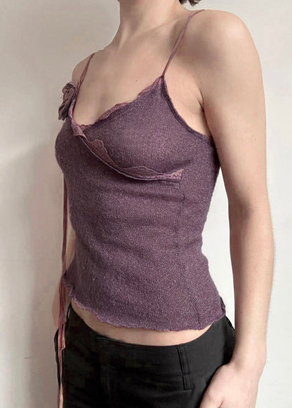 Slim Floral Purple Knitting Vest Cotton Spaghetti Lace Strap Fit