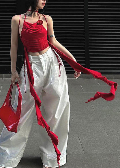 Slim Fit Red Asymmetrical Wrinkled Cotton Tank Sleeveless YZ066