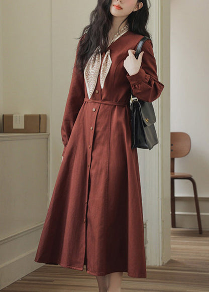 Red Slim Maxi Button Pockets Dress Spring Fit Bow