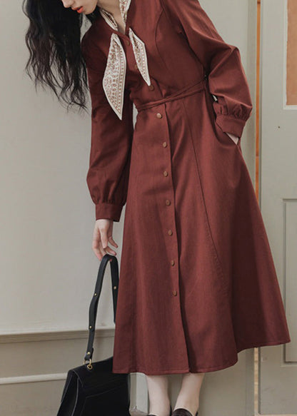 Red Slim Maxi Button Pockets Dress Spring Fit Bow