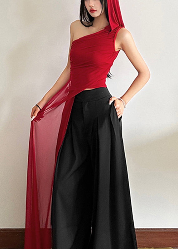 Fit Slim Asymmetrical Shoulder One Shirt Red Sleeveless Tulle