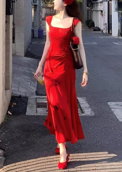 Robe longue en coton imprimé à col carré rouge coupe slim été XX006